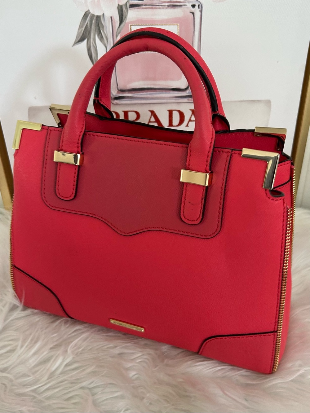 Rebecca Minkoff Red Structured Satchel Crossbody Bag Gold Hardware Top Handle - Picture 6 of 13